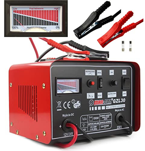 Caricabatteria per Auto Moto | con Funzione di Carica Rapida | per Batterie al Piombo 12-24V | 30-180 Ah | Portatile | Rossa