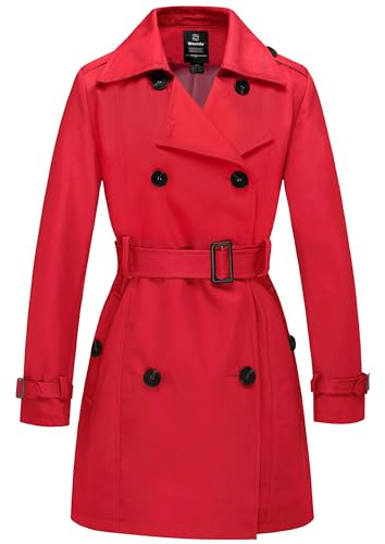 Wantdo Cappotto Antivento Doppiopetto Autunnale Trench Idrorepellente con Cintura Parka Elegante Media Lunghezza Giacca Bavero Vintage Donna Rosso 48