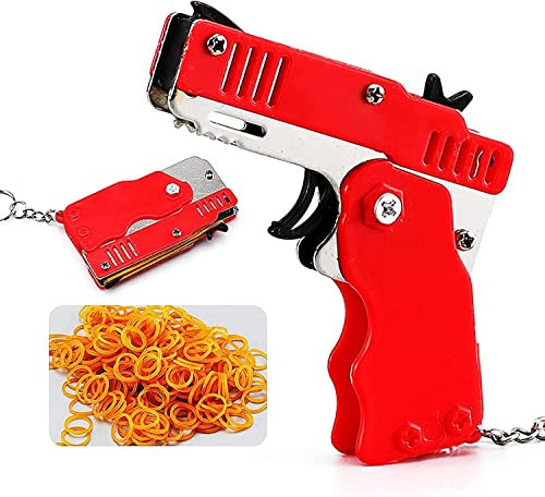 Mini-Gummibandpistole aus Metall,klappbar,6-Schuss mit Schlüsselanhänger und 60+ Gummibändern,Gummibandpistole Mini Metal Folding Schlüsselbund für Schießspiel Outdoor-Aktivitäten für Kinder (Rot)