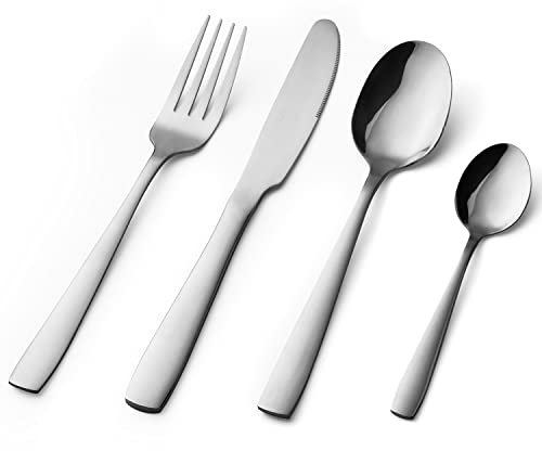 Cutlery Set 16 Piece, Stainless Steel Flatware Silverware Sets with Square Edge, Service for 4 People, Elegant Tableware Included Knives Forks Spoons, Mirror Finished & Dishwasher Safe (Silver)