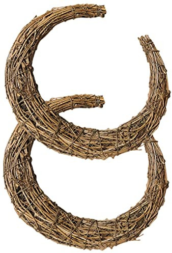 FELTECHELECTR Moon Shaped Rattan Wreath Rings 2pcs Natural Vine Branch with Iron Support for Floral Diy Crafts and Party Decoration