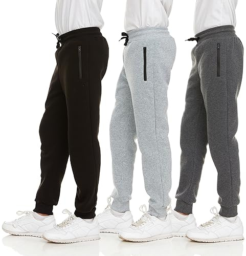 PURE CHAMP 3Pk Boys Sweatpants Fleece Athletic Workout Kids Clothes Boys Joggers with Zipper Pocket and Drawstring Size 4-20(SET1 Size 14/16)