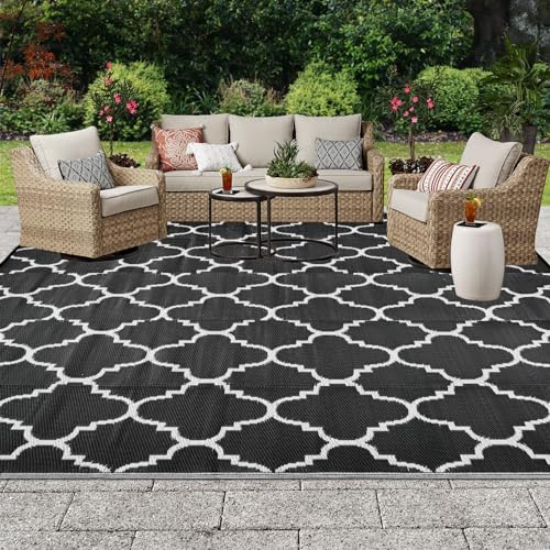 OIGAE Outdoor Teppich Wetterfest Balkon Teppich Modern StrapazierfäHige Teppiche Schwarz Wendbarer Teppich Plastik Recyceltem Teppiche Für Terrasse Garten Geeignet UV Beständig 120x180CM