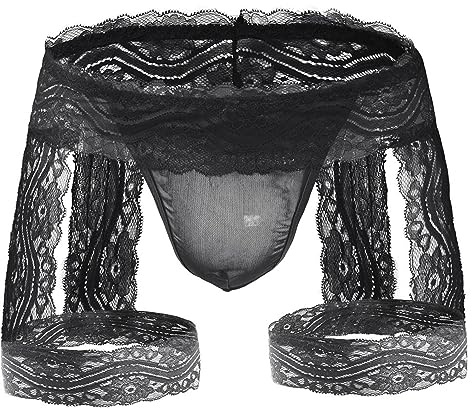 Tanga Encaje Sexy Hombre Calzoncillos Bóxer Sissy, Bikini Slips Transparente Ligas,Ropa Interior Elástica,Thong Transpirable Hueca,Bragas Pantalones Suspensorio Talle Bajo Lencería Clubwear (Negro)