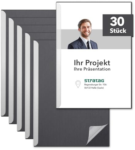 STRATAG Klemmmappen Klemmschienen-Set mit transparentem Deckel aus PP Kunststoff sowie Binderücken aus stabilem 320 g/m² Karton (Graphitgrau, 30 Stück)