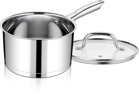 TEAMFAR Stielkasserolle, Edelstahl Milchtopf Kasserolle Induktion mit 3-Lagen Boden für alle Herdarten, Glasdeckel, 2,8L Topf Kochtopf mit Ergonomischer Ganzstahl Griff, Ungiftig, Spülmaschinenfest