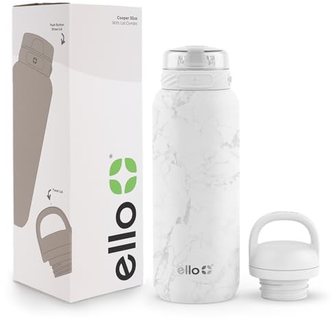 Ello Cooper 32oz Stainless Steel Water Bottle with 2 Lids Chug and Straw | Leak Proof | Double Walled and Vacuum Insulated | Built in Carry Loop | Dishwasher Safe | White Marble