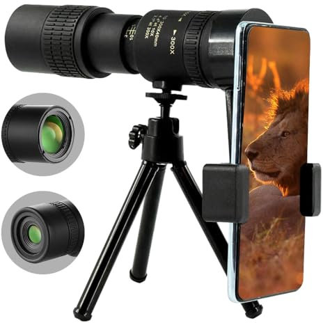 Monokular Teleskop 300X40 mit Smartphone Halterung Stativ Kompakt Super Telezoom Monokular Teleskop für Wildtiere Vogelbeobachtung Jagd Wandern für Erwachsene BAK4 Prismen FMC Objektiv