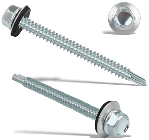 60 tornillos autorroscantes, 4,8 x 55 mm, tornillos para chapa trapezoidal, tornillos autorroscantes con junta, tornillos de perforación para techo con arandela de sellado, autorroscantes (plata)