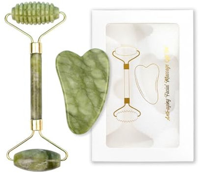 MaoNativey 2 Pezzi Gua Sha Kit, Rullo per Contorno Occhi e Rullo di Giada, Massaggiatore Viso e Collo, Gua Sha Lenisce, Guasha Viso, Roller Viso, per Muscolare Rilassante, Anti-invecchiamento
