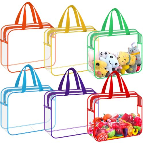 WWmily 6 Pack Zipper Toy Storage Bags with Handles 11.8x8.6x3.9 Inch Clear Storage Bags PVC Waterproof Toiletry Bags Toy Organizing Bags for Building Blocks Puzzle (6 Colors)