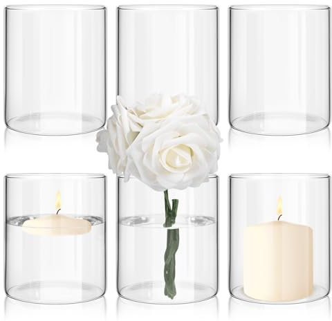 Vase Glas, 6 Stück Glasvase, Kleine glasvasen für tischdeko 10cm kerzenglas Klar glasvase Zylinder Vasen Hochzeit tischdeko mit Boden für Blumen Pflanzen Kerze(8.5 * 10cm)