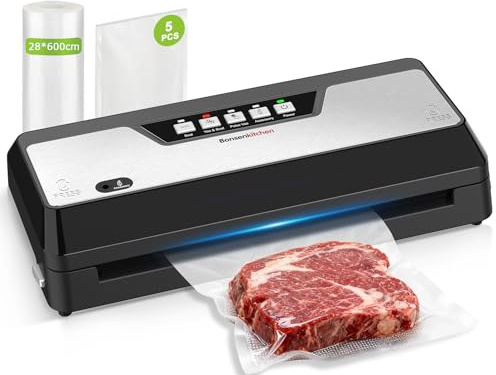 Bonsenkitchen Envasadora al Vacio con Cortador Incorporado y Función de Almacenamiento de Bolsas, Apta Para Cocción al Vacío y Comidas Preparadas, Incluye 1 Rollo y 5 Bolsas Precortadas, Negro
