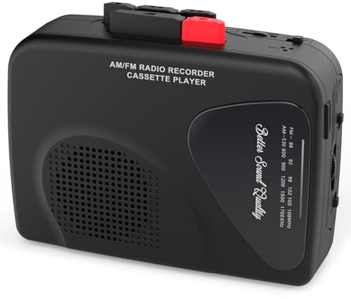 Lecteur Enregistreur de Cassettes Portable, Radio AM/FM, Haut-Parleur Intégré, Prise Casque, Clip Ceinture Inclus(Noir)