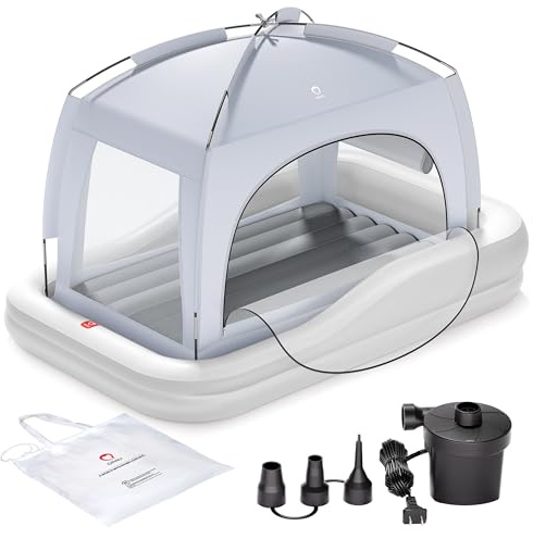 QPAU Letto gonfiabile da viaggio per bambini con tenda, tenda per culla, materasso ad aria portatile per bambini con paracolpi di sicurezza, ideale per casa, nonna, campeggio, viaggi, include pompa