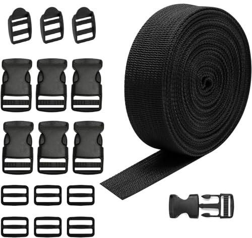 TCETCY 2.5cm*15m Meters Nylon Webbing Strap 15 M x 25mm Cinta Nylon Negra con 36 Hebilla de Plástico Cinta de Correa Mochilas Resistente Cinta Persiana con Hebilla Liberacion Rapida