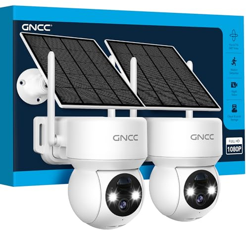 GNCC Telecamera Wi-Fi Esterno Senza Fili con Pannello Solare, 2MP Videocamera Sorveglianza Esterno a Batteria, 360° PTZ, Rilevazione Movimento PIR, Visione Notturna a Colori, Audio Bidirezionale, 2PCS