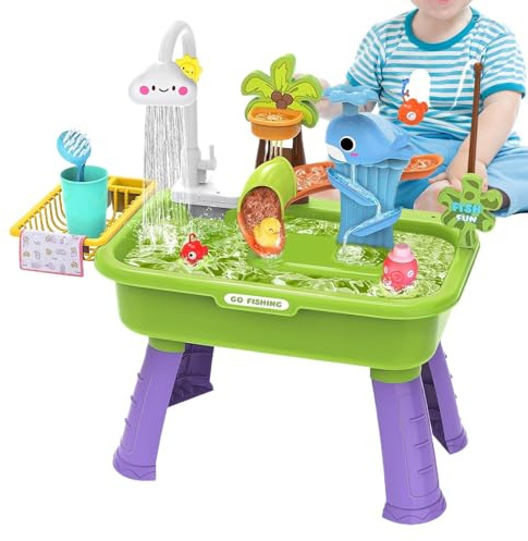 Fregadero de Juego Agua Corriente ABS Mesa para niños Grifo de Actividad sensorial Juego de Pesca para Interiores y Exteriores Regalo Niños Niñas de 1 a 5 años Funciona con Pilas Eléct