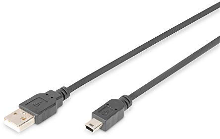 DIGITUS USB 2.0-kabel – 3 m – USB A till typ Mini B (5 stift) – 480 Mbps – Anslutningskabel för PC, bärbar dator, kameror eller hubbar – Polybag – Svart