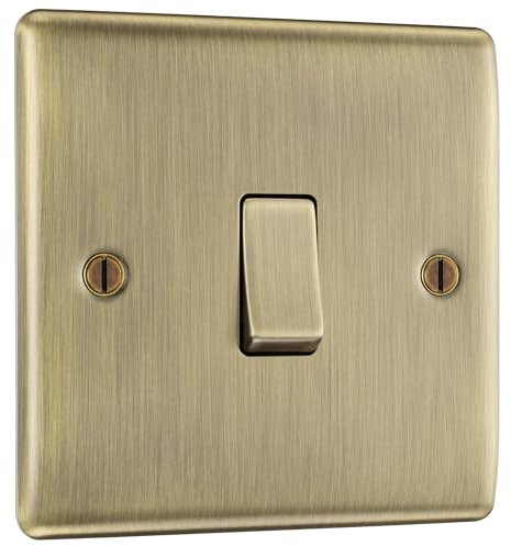 BG Electrical Single Wall Light Switch, 2 Way, Raised and Slim Profile, Round Edges, Nexus Metal, Antique Brass, 20A, 16AX, NAB12