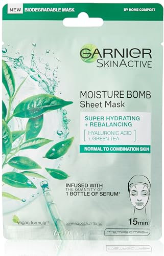 Garnier Moisture Bomb Green Tea and Hyaluronic Acid Sheet Mask, Hydrating & Rebalancing Face Mask, For Sensitive Skin, Cruelty Free & Vegan Tissue Mask, 28g