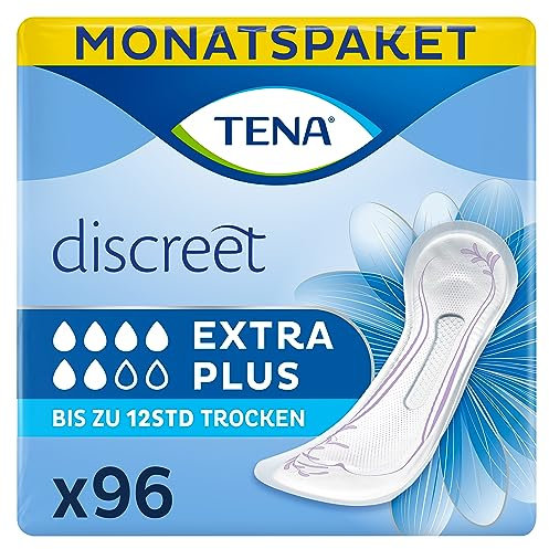 TENA Discreet Extra Plus, 96 Incontinence Pads Individually Wrapped, for Women with Medium to Heavy Bladder Weakness, Incontinence and Unpredictable Leaks, 16 count (Pack of 6)