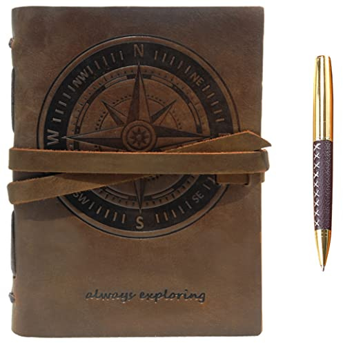 Carnet de Notes Cuir Véritable Journal Avec Boussole En Relief A5 Carnet de Voyage à La Main Vintage Écriture Notebook Pour Hommes & Femmes Antique Cahier Cuir Rustique 21x15cm