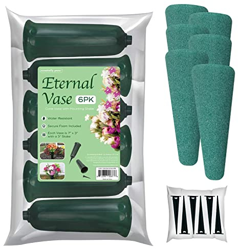 Essentially Yours Memorial Floral Vases with Foam Included - (Green, 6 Pack) | Outdoor In Ground Vases with Stakes, for Fresh and Artificial Flowers