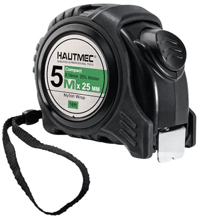 HAUTMEC 5m Tape Measure Metric & Imperial Measuring Tape, Auto-Lock with Nylon Coated Blade & Rubber Case, for Construction, woodworking, DIY HT0100