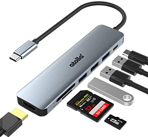 HUB USB C, Adaptador 7 en 1 USB-C atolla, HDMI 4K, Thunderbolt 3, 3 Puertos USB 3.0, Lector de Tarjetas SD/TF para MacBook Pro Air, Surface Pro, iPad Pro, XPS