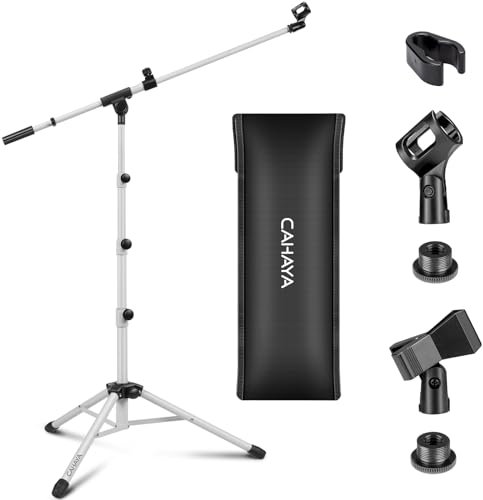 CAHAYA Support de Microphone Trépied Bras de Flèche Support de Micro au Sol avec Sac de Transport et 2 Clips de Micro pour Chant Performance Mariage Scène et Support de Micro Blanc CY0239-1