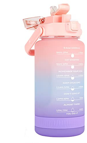 UeKeKicg 2 Litre Water Bottle, 64ozHalf Gallon Water Bottle with Time Marker/Straw/Chug One Lids, Leakproof Tritan BPA Free Reusable Water Jug Easy Carry for Adult and Kids Gym Sports Outdoors (Pink)