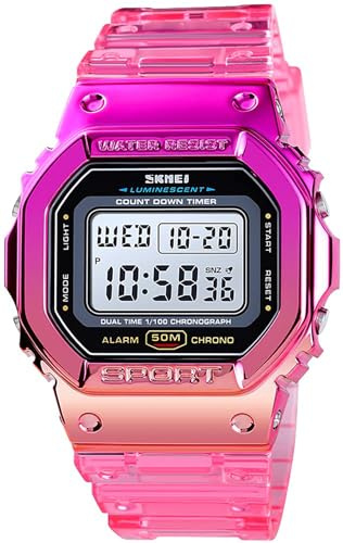 Gosasa Outdoor Sport Unisex Watches Back Light Digital Watches Transparent Multifunctional Wristwatch Casual Style Stopwatch Date 5Bar Waterproof (Red)