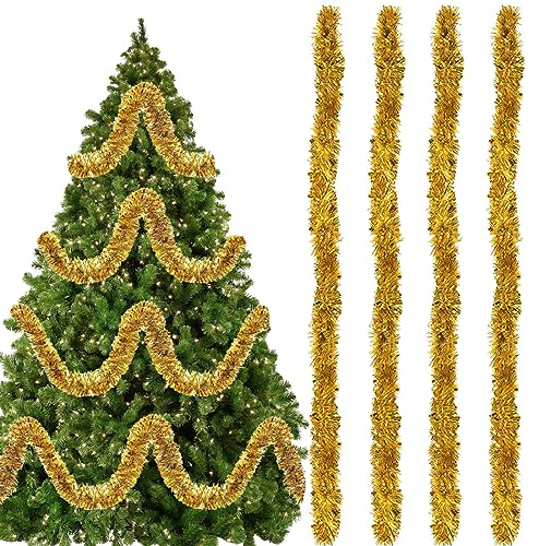 4 Piezas Espumillón de Navidad, Guirnalda de Oropeles Navidad, 2M Espumillón Denavidad, Guirnalda Brillante Metálica Decoraciones, para Árbol de Navidads, Bodas, Casas, Fiestas, Dorado