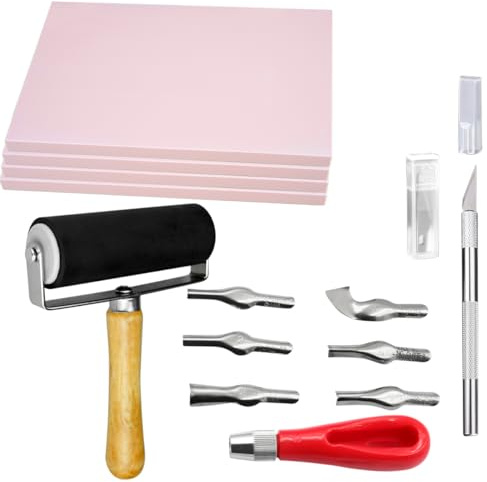 4 Pcs Rubber Carving Linoleum Blocks, Rectangular Rubber Stamp Carving Blocks with Tools, 4x6 Linoleum Blocks for Printmaking, Printing and Stamp Soft Rubber More Crafts