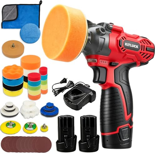 Cordless Buffer Polisher, 12V Mini Wax Buffer & Sander with 2 X 2.5Ah Battery & Charger, 1/2/3 Backing Plate, 40pcs Polishing Pads, Variable Speed for Car Detailing/Buffing/Sanding/Waxing