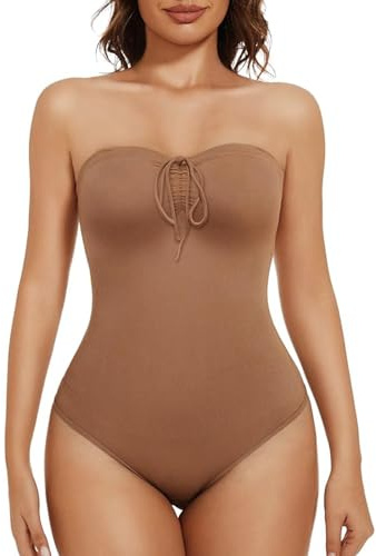 Strapless Shapewear Bodysuit for Women Thong Halter Bodycon Drawstring Party Club Dress Seamless Body Shaper Tummy Control Top Leotard