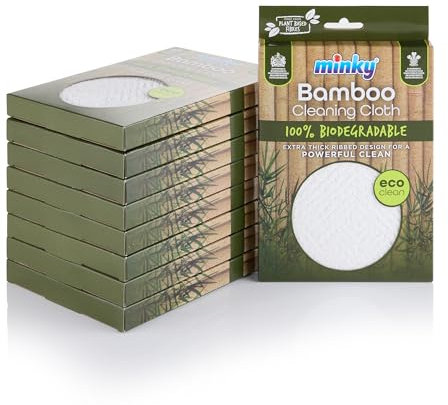 Minky Bamboo Cleaning Cloth Pack of 9, 100% Biodegradable Cloth, Extra Thick Ribbed Design, Strong & Long Lasting Cleaning Cloths, Super Absorbent Natural Bamboo & Cotton Fibres