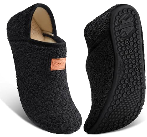 ATHMILE House Slippers for Women Men Indoor Barefoot Slippers Socks Furry Slip on House Shoes Cozy Comfy for Home Bedroom Travel Yoga Women 6.5-7.5 Black