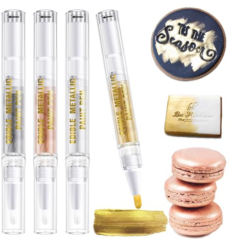 Edible Glitter Paint Pen - 4 Pcs Rose Gold Silver Drawing Decorative Color for Fondant Cake, Cookies, Macarons, Gumpaste, Icing, Easter Eggs, candy, DIY Baking.