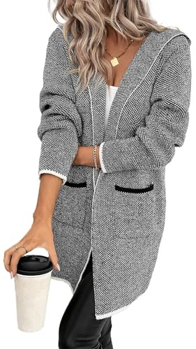 Sidefeel Cardigan Sweaters for Women Long Sleeve Open Front Contrast Fall Outfits Winter Clothing Chunky Knit Oversized Hooded Sweaters Coat Gray 2X-Large