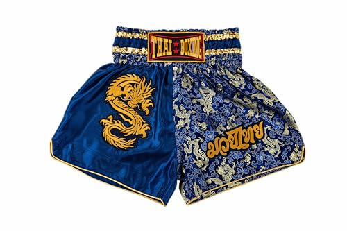 MUAY NATION Pantaloncini Muay Thai per Uomo e Donna, Pantaloncini da Boxe MMA dal Taglio Slim, Abbigliamento da Allenamento per Kickboxing (IT, Testo, M, Regular, Regular, Drago Blu)