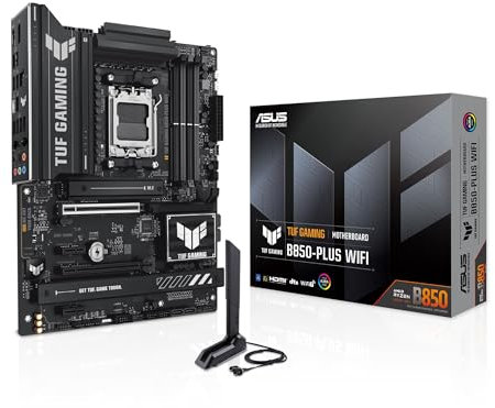 ASUS TUF GAMING B850-PLUS WIFI AMD ATX motherboard, 14+2+1 80A DrMOS power stages, DDR5, PCIe 5.0 Ready, 3xM.2 slots, Wi-Fi 7, Realtek 2.5Gb Ethernet, DisplayPort, HDMI, USB 20Gbps Type-C, Aura Sync