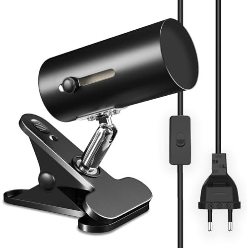 Powice E27 Klemmlampe mit Stecker,Lampenfassung mit Stecker,360° Verstellbarer Klemmleuchte E27,E27 Klemmleuchte Langes 160cm Kabel mit Schalter für Schlafzimmer Bett Büro, Schwarz (ohne Glühbirne)