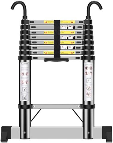 Telescopic Ladder 2.6m, Extendable Ladder Stainless Steel with Hooks, Height Adjustment, Convenient and Fast to Use