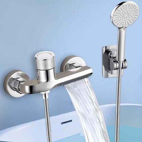 Robinet de Baignoire Cascade, Robinet Cascade Avec Tuyau et Support Mural, ensemble de Robinetterie de Baignoire Avec 5 Fonctions, Robinets de Douche de Salle de Bain, Robinet Salle Bain Baignoire