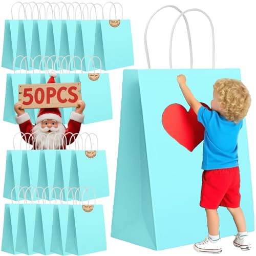 50 st små papperspåsar med handtag, presentpåsar i papper a5-storlek, 130 g tjocka kraftpåsar, festgåva, shopping, inkluderar etiketter för favor, födelsedagsfest, bröllop, shopping, detaljhandel