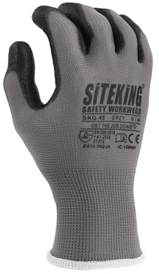 SITE KING PU Palm Work Gloves 12 Pairs – Safety Grip Gloves for Precision Tasks, Construction, Warehouse & Gardening – Breathable, Durable (Grey, S)