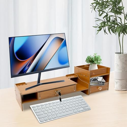 FROPIJ Monitorständer Holz Schreibtisch Zubehör, 2 Schubladen Monitor Stand Wood mit 6 Fächer, Bildschirmerhöhung Monitor Erhöhung Schreibtisch für Computer Laptop 48 x 20 x 10.5cm