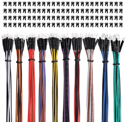 Lyeteung 100 ST 3mm 12V Förtrådda LED Dioder Ljus, 10 Färger, 20cm Förtrådda LED Lysdioder + 100 ST 3mm Plast Diod Hållare